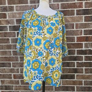 Cato Blue Yellow Floral Peasant Blouse Tie Neck Boho Top Size L